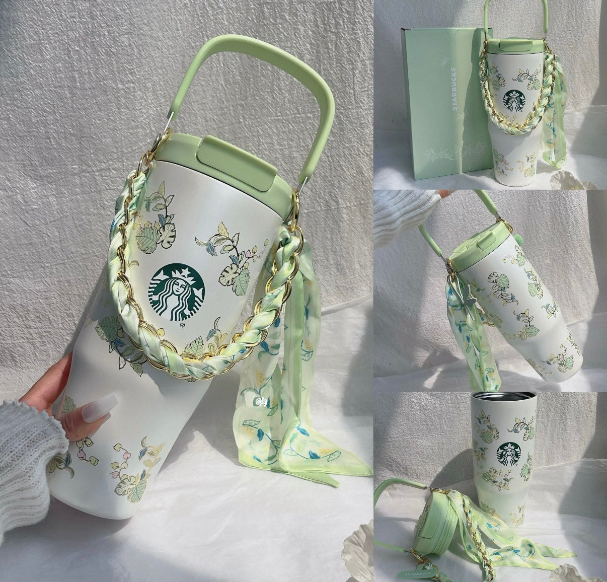 Starbucks Floral Print Stainless Steel Tumbler with Silk Scarf & Chain Strap 💚🫶🏻😭