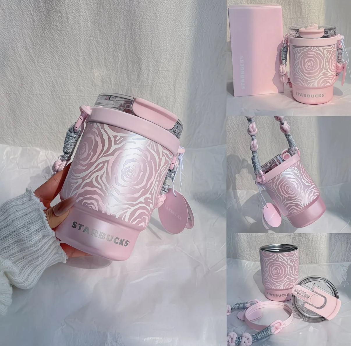 Starbucks China Exclusive Pink "Wanhua Meijing" Stainless Steel Tumbler with Dual-Drinking Lid & Pink Woven Strap