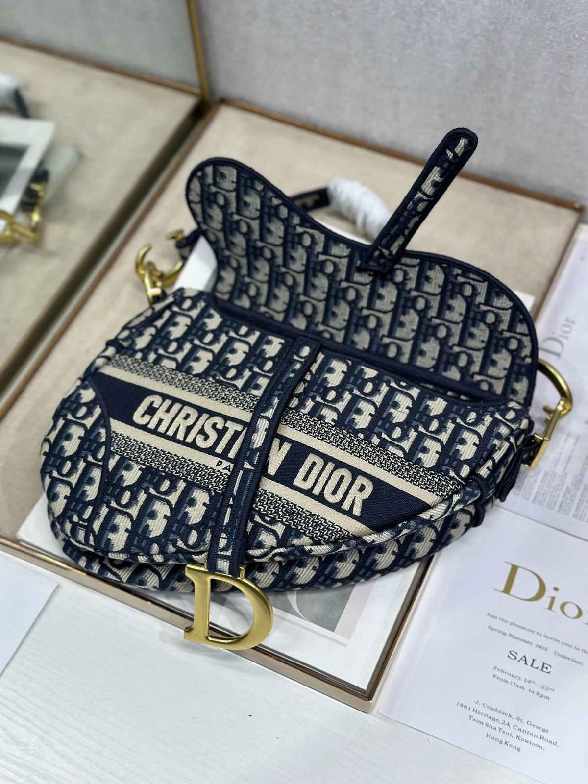 Dior Blue Oblique Embroidery Saddle Bag