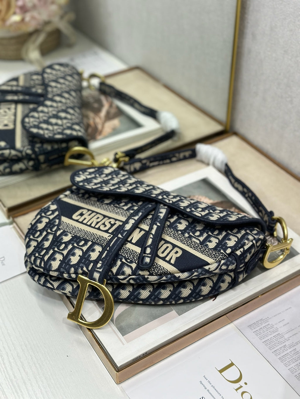 Dior Blue Oblique Embroidery Saddle Bag