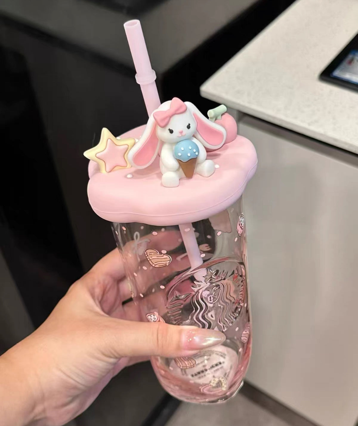 Starbucks Pink Drink China Exclusive Astro Bunny Glass Cup 💘🐰