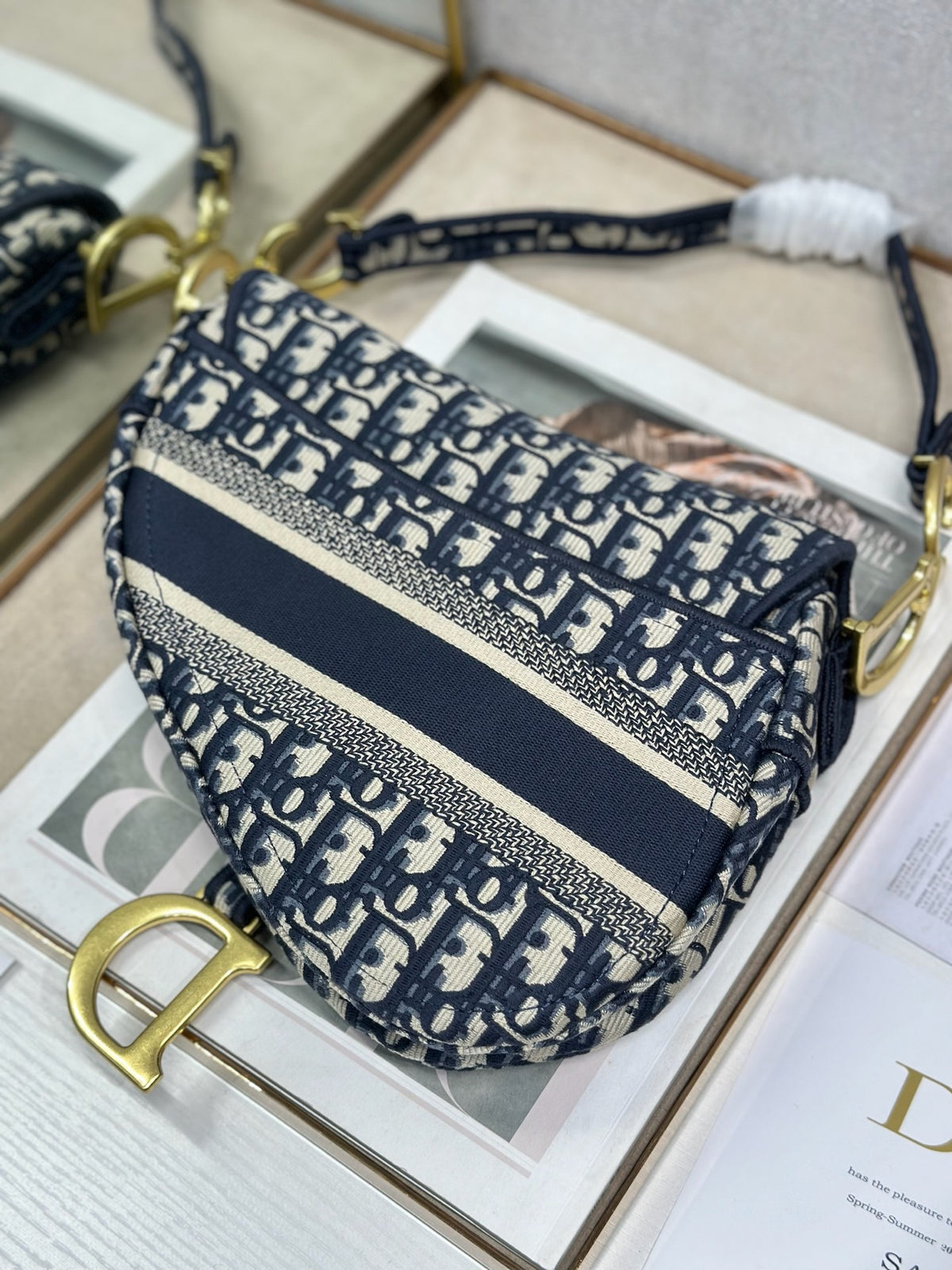 Dior Blue Oblique Embroidery Saddle Bag