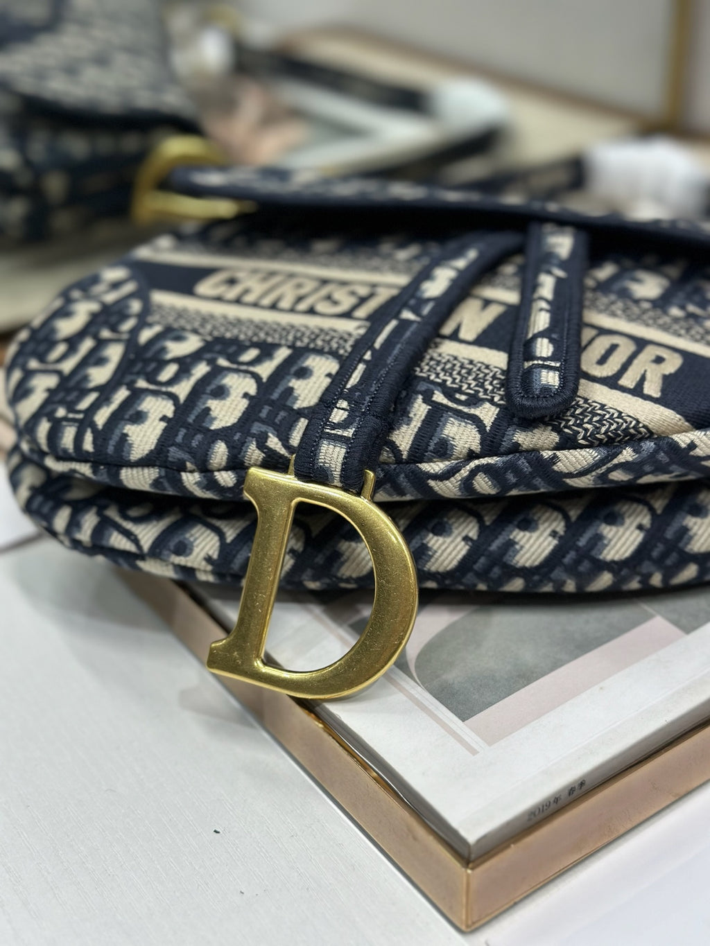 Dior Blue Oblique Embroidery Saddle Bag