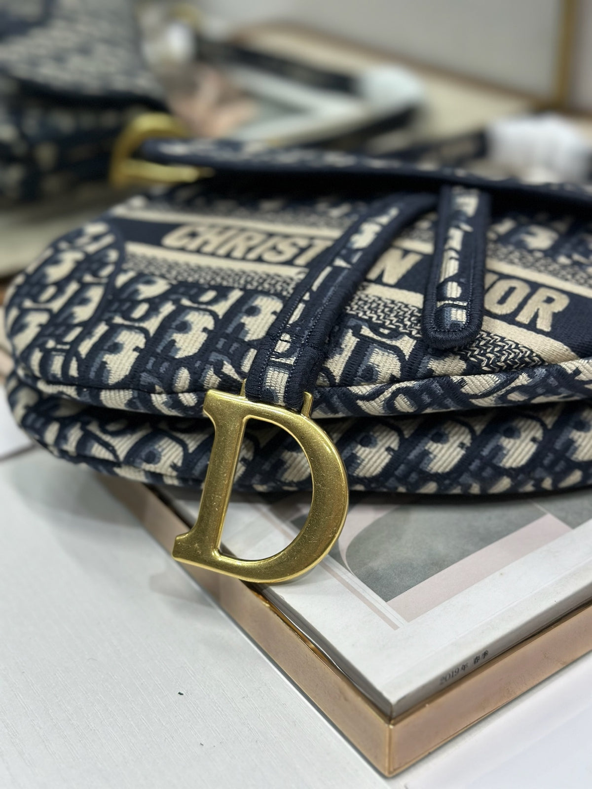 Dior Blue Oblique Embroidery Saddle Bag