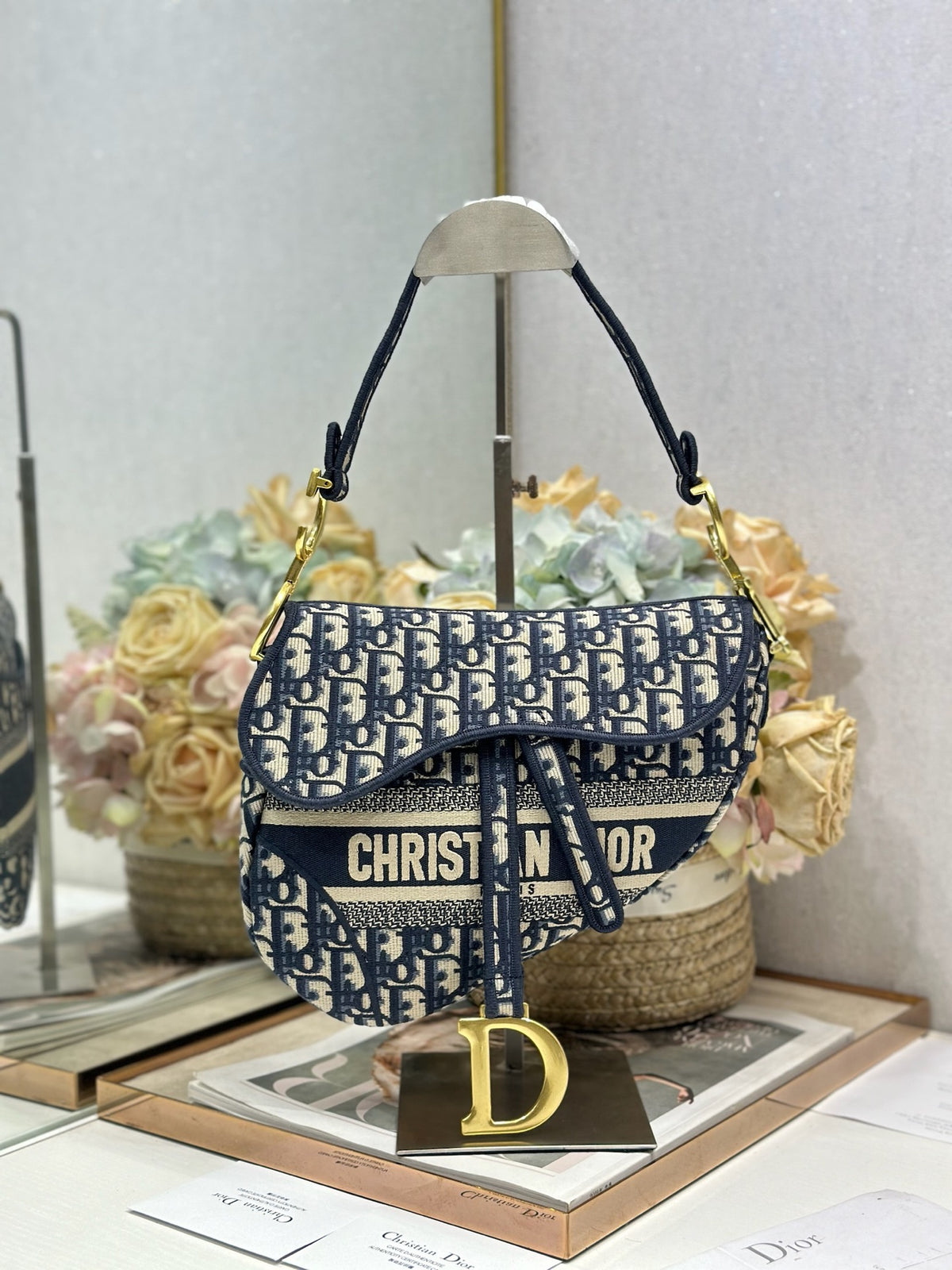 Dior Blue Oblique Embroidery Saddle Bag